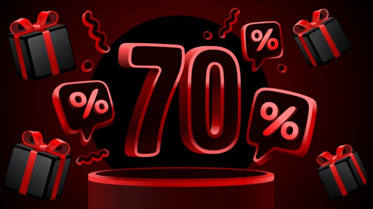 Rot-Schwarz prangt die Zahl siebzig in der Mitte des Bildes. Umgeben von ebenso rot-schwarzen Rabattzeichen und Geschenken.