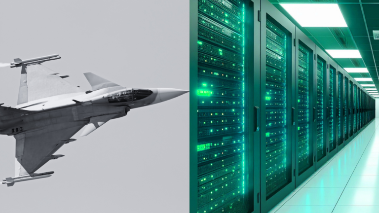 Links ist ein Militärjet im Flug zu sehen während rechts (gegenübergestellt) ein futuristisch aussehender Serverraum zu sehen ist.