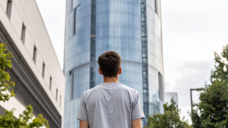 Ein junger Erwachsener blickt auf ein Hochaus, dessen Spitze nicht in Sicht ist.