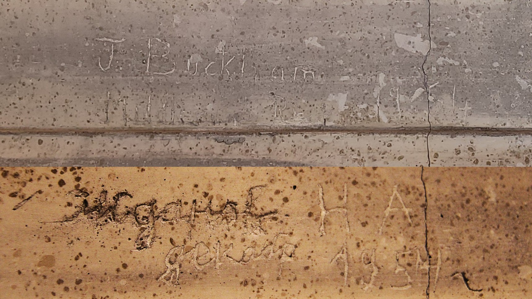 Eingeritzte Namen von Besatzungssoldaten im Marmor des Hauses der Industrie.