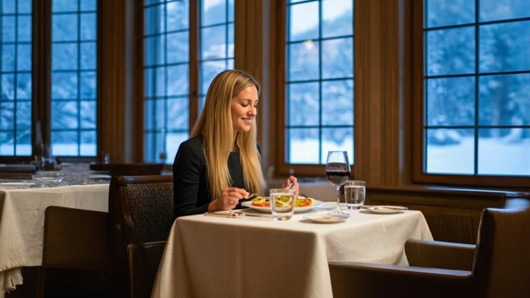 Eine Frau sitzt alleine an einem gedeckten Tisch vor einer Fensterfront und blickt lächelnd auf ihr Essen..
