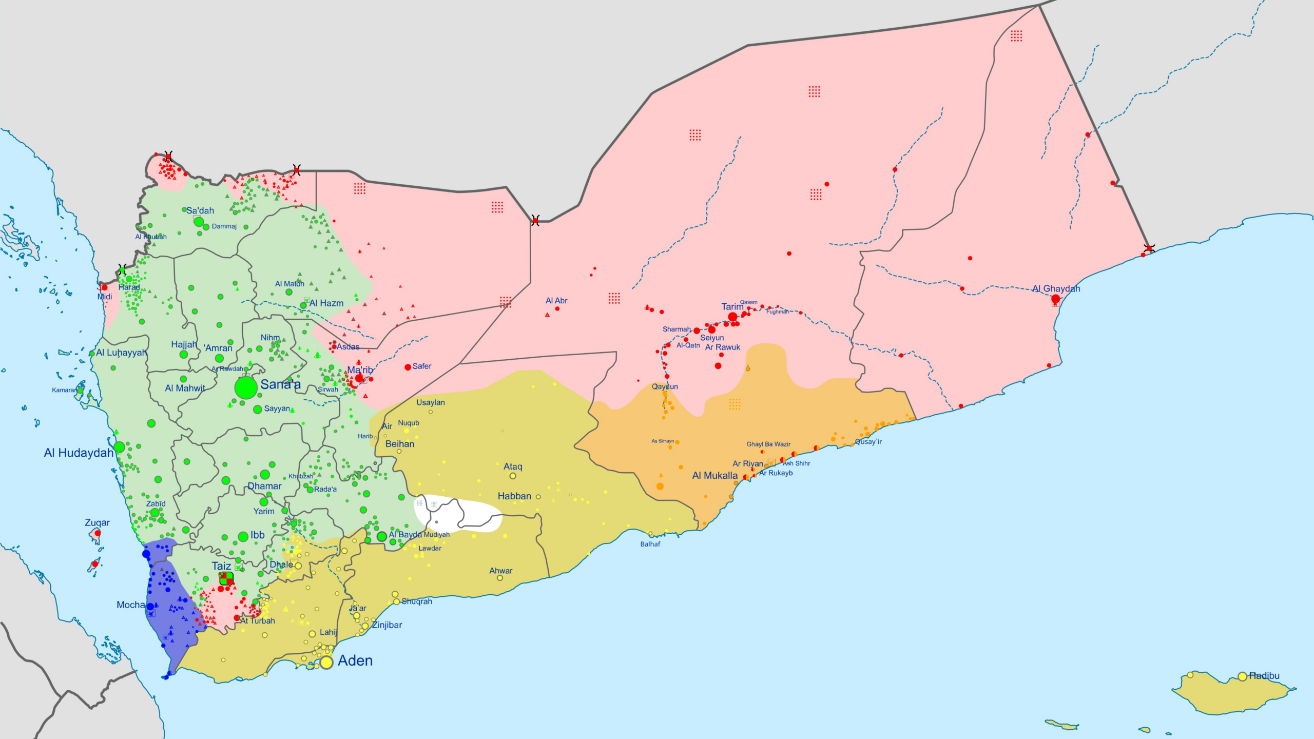 Approximative kartografische Darstellung der vorherrschenden Kontrolle der Gebiete im Jemen vor Start der Offensive am 2.12.2025
